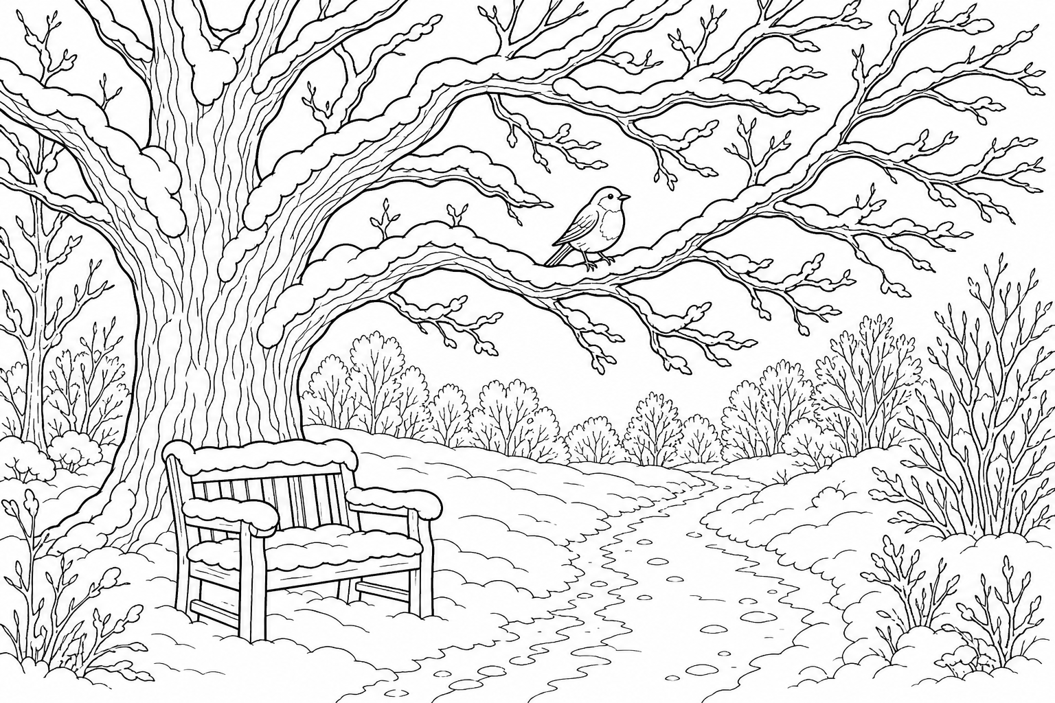 Winter Park Coloring Page with Robin and Bench