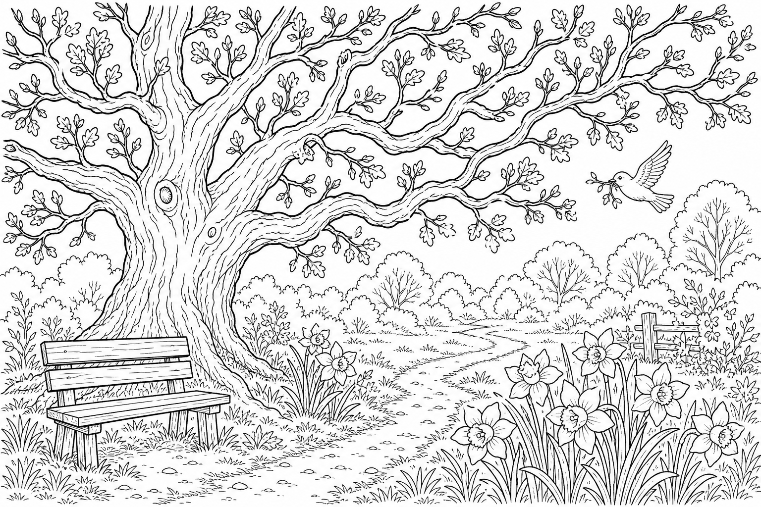 Spring Oak Tree Coloring Page for Kids