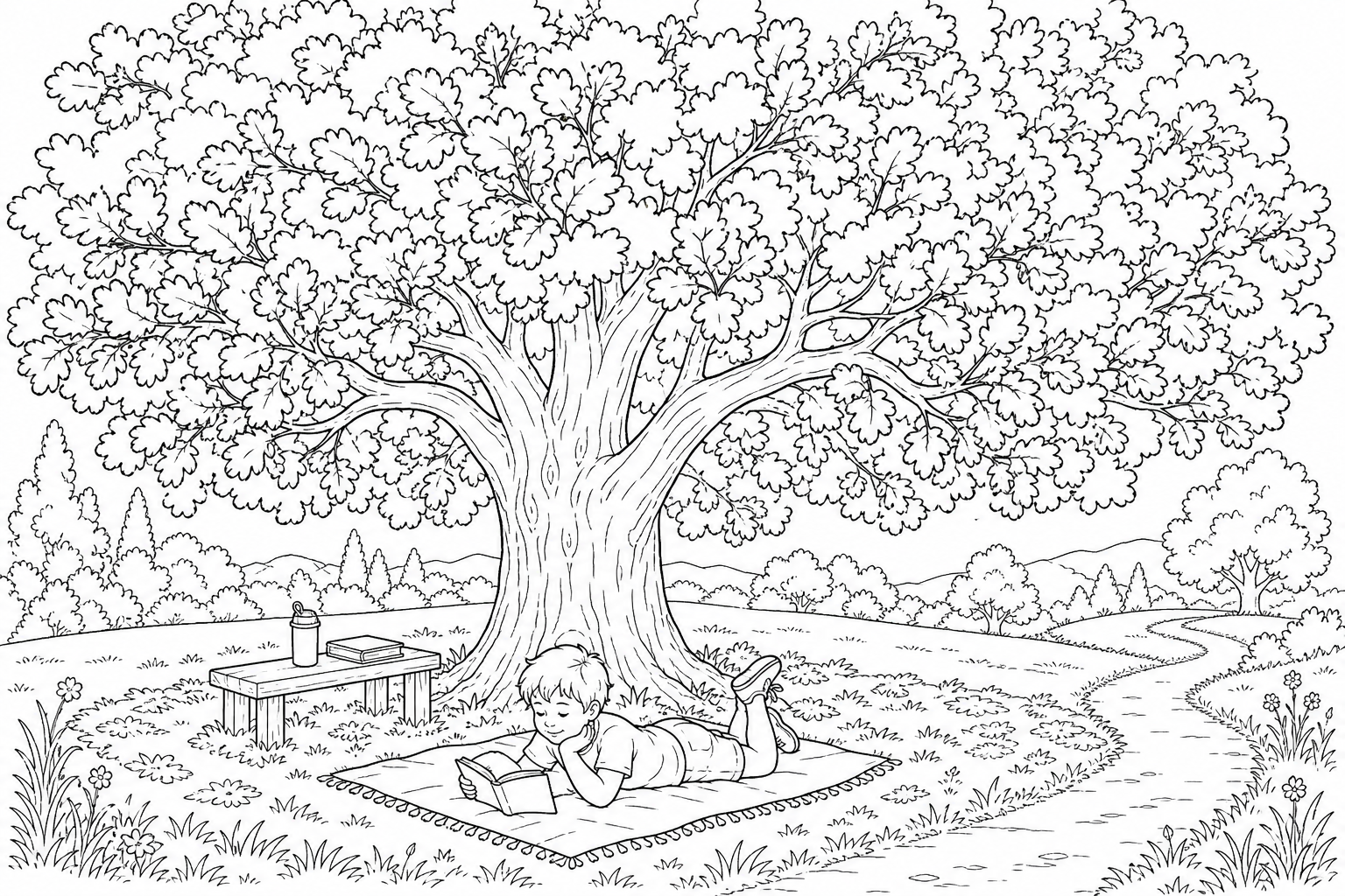 Boy Reading Under Tree Coloring Page