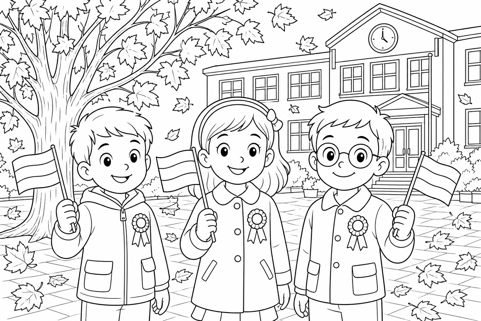 School Children with Flags Coloring Page