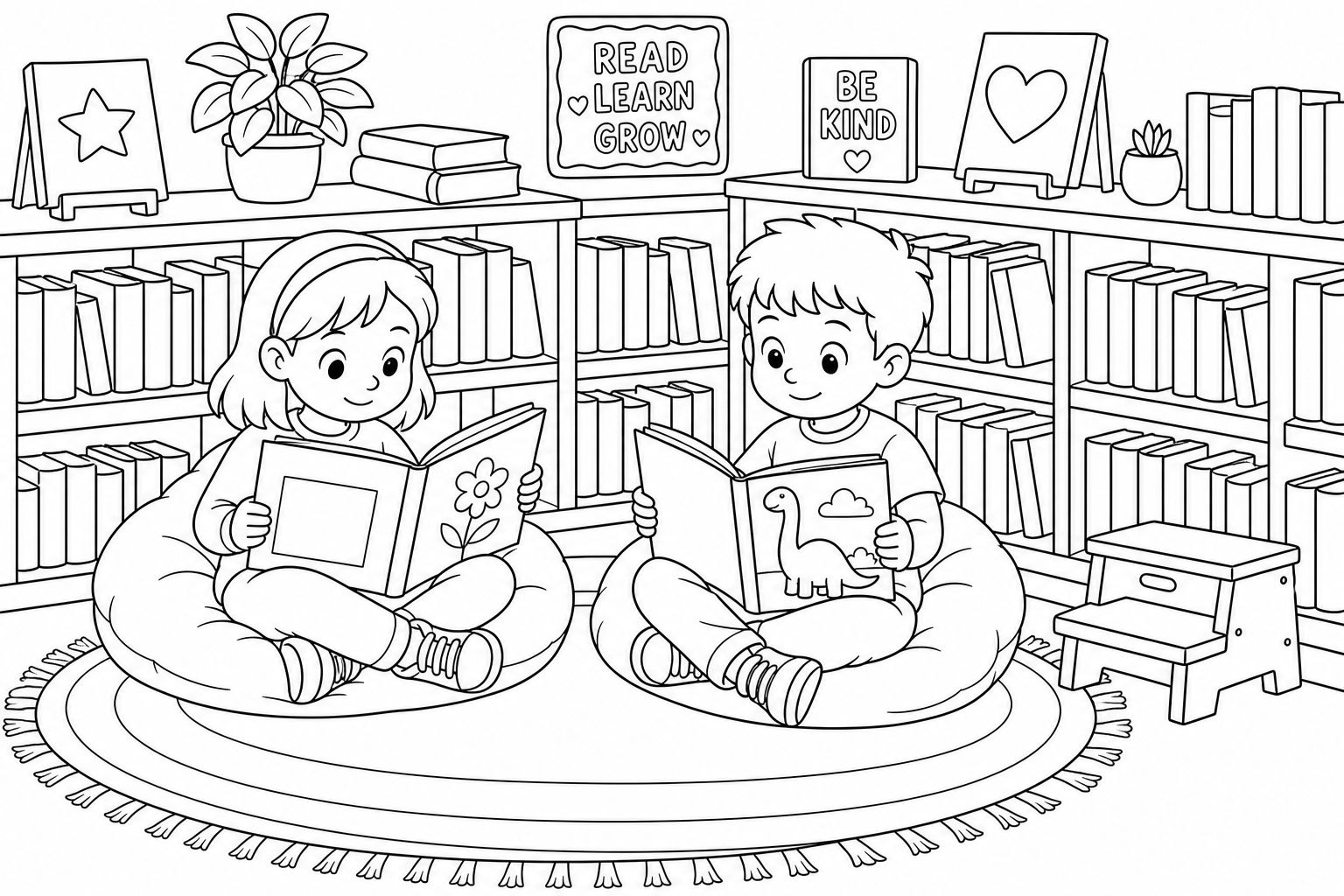 Library Reading Corner Coloring Page for Kids