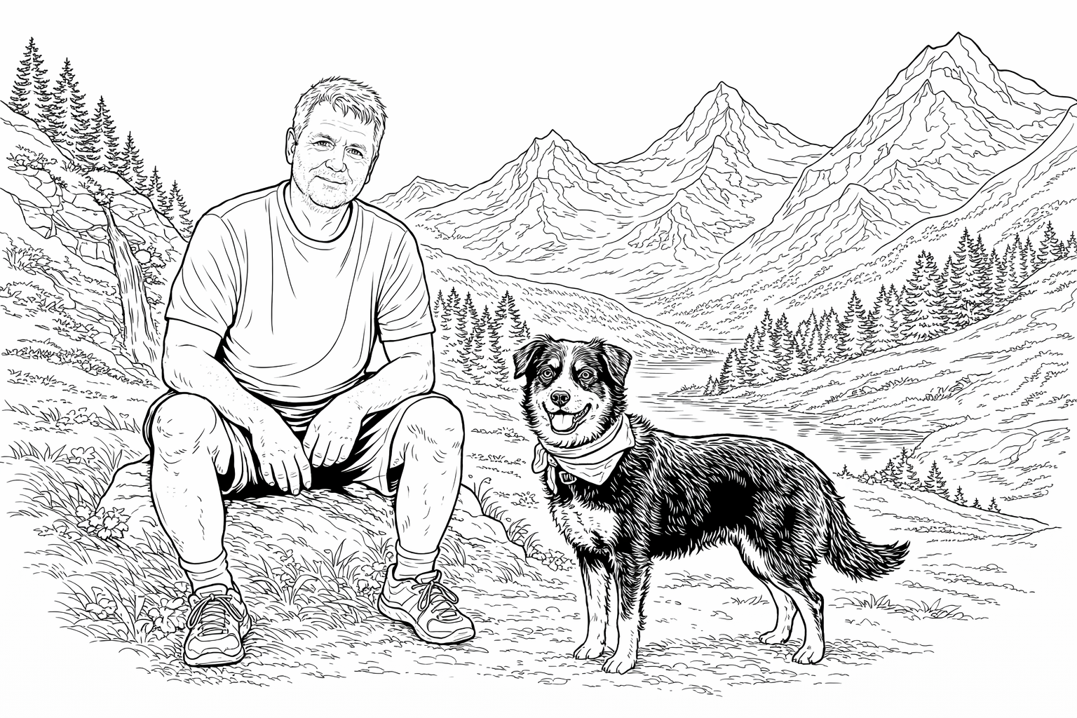take the guy in red T-shirt and the dog and place them in front of a nice alpine background
make the face of the guy absolutely realistic so that he looks exactly like in reality