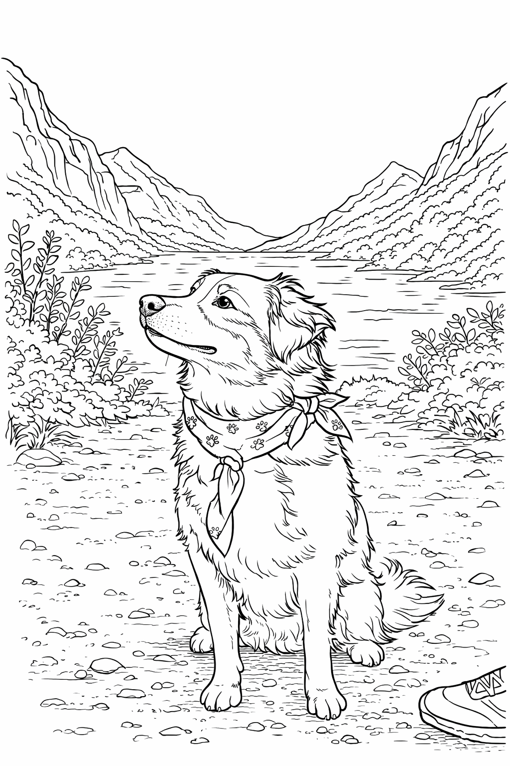 remove the car in background and place the dog in front of a landscape simple to color