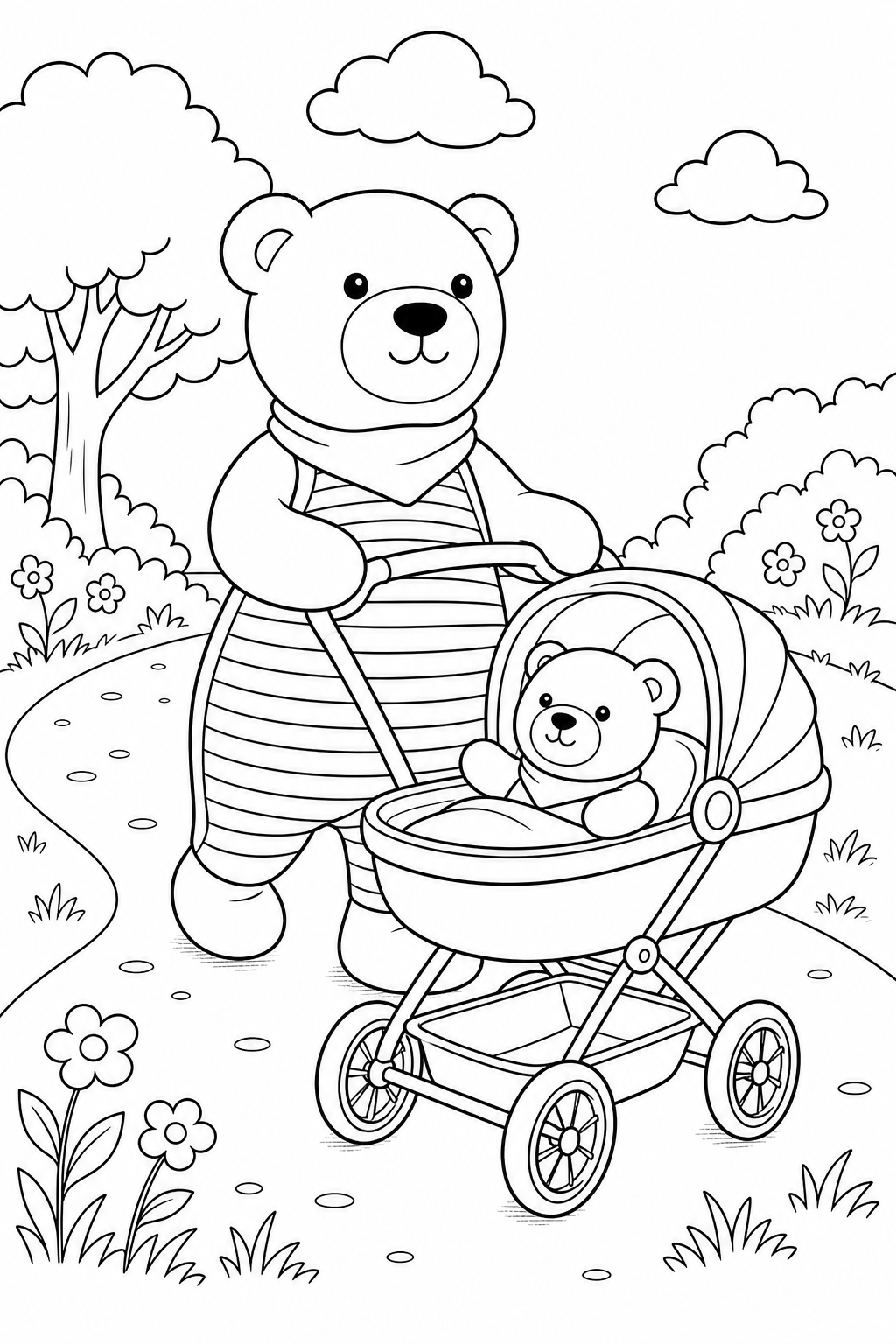 nutze den Teddybär als Vorlage für ein Bild wo er spazieren geht mit einem Kinderwagen in dem sein Baby-Teddybär sitzt