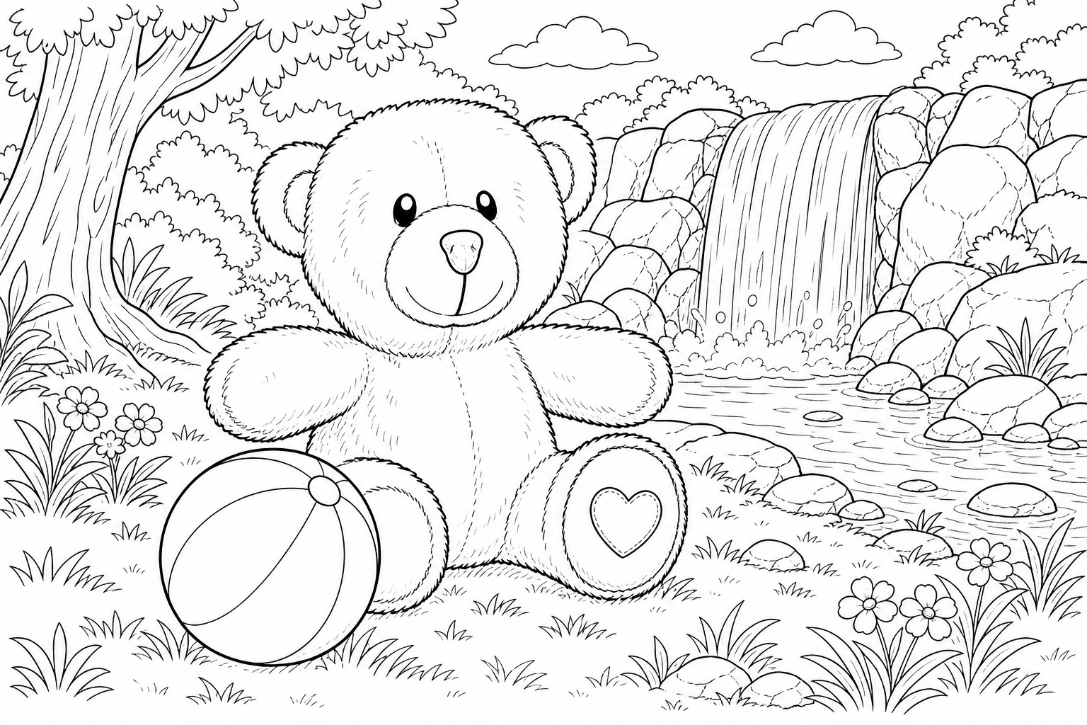 nimm den Teddybär und platziere ihn in die Natur wo er mit einem Ball spielt und im Hintergrund ist ein Wasserfall