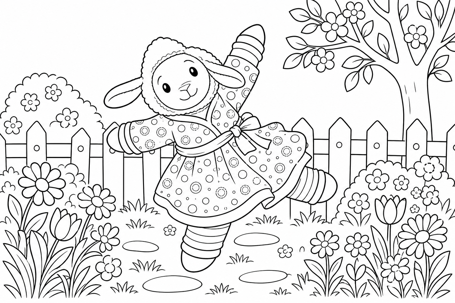 dieses Schaf auf dem Bild soll in einem schönen Garten mit blumen und Zaun spielen. Das Schaf soll nicht liegen sondern stehen oder springen