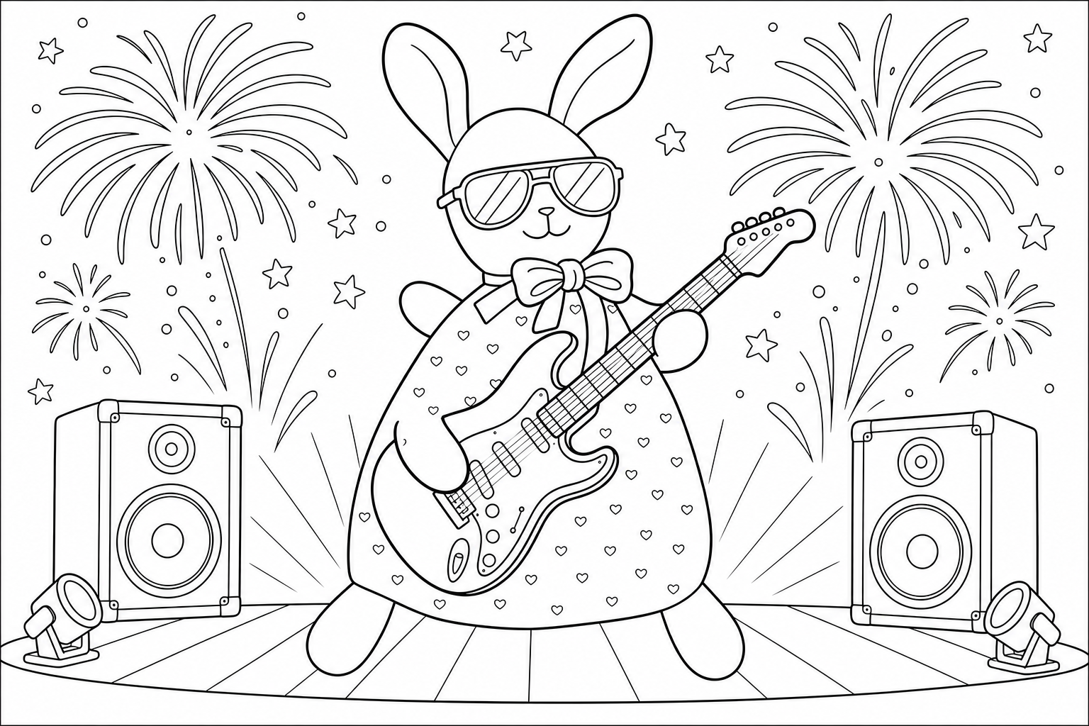 Dieser Teddybär wird eine Rockstar auf dem Konzert. Er soll Sonnenbrille tragen, Gitarre spielen und im Hintergrund vereinfachtes Feuerwerk