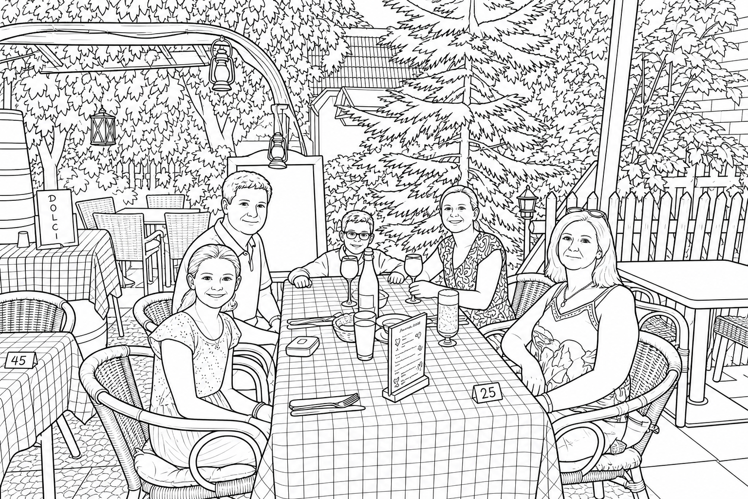 Family at Restaurant Coloring Page