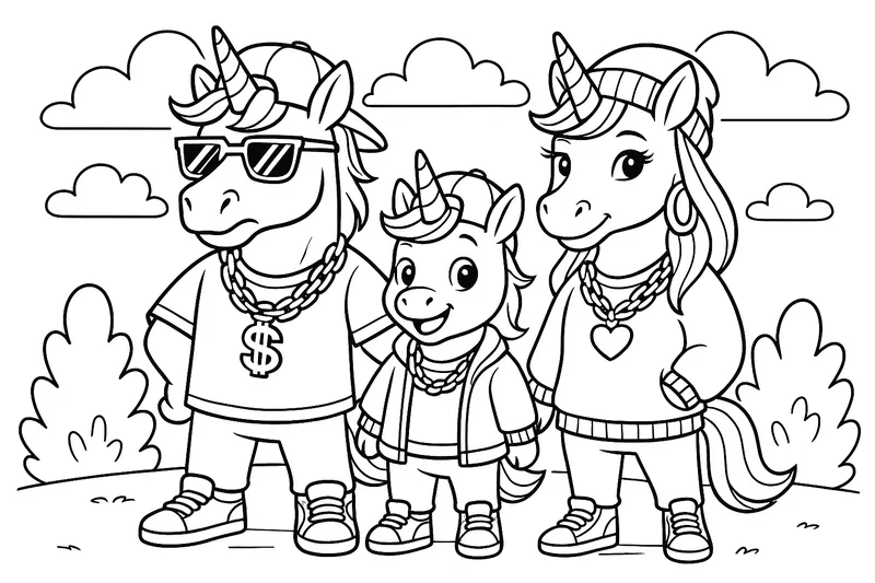 A Hip Hop unicorn family with matching jewelry and styling