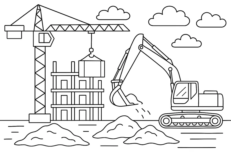 Sitio de construcción con grúa y excavadora