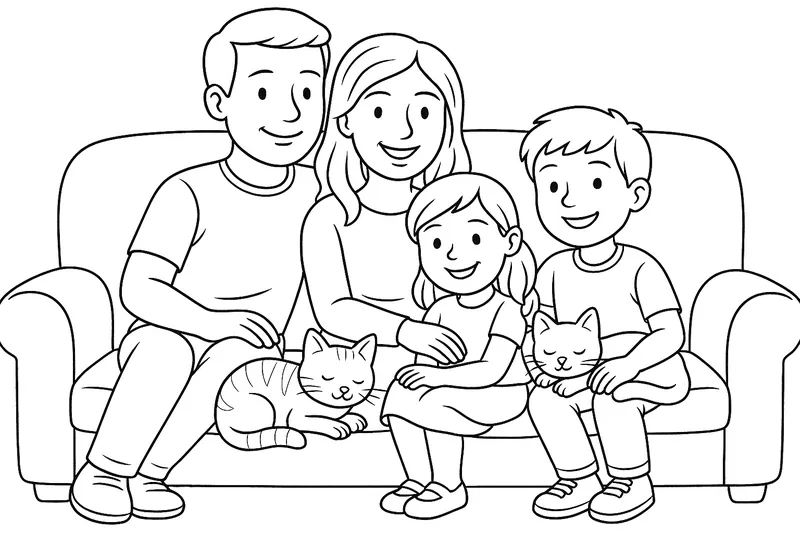 Eine Familie (Mama, Papa, Mädchen und Junge) die mit zwei Katzen auf dem Sofa chillen
