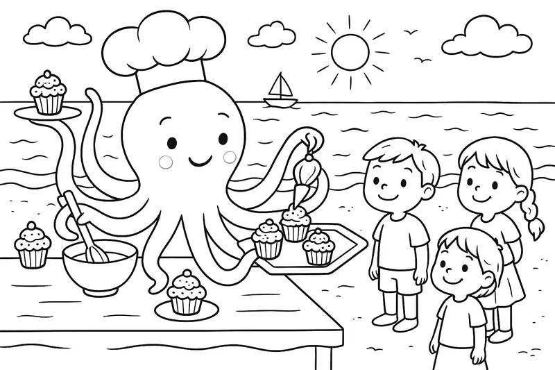 Tintenfisch mit Kochmütze backt bunte Cupcakes am Strand, acht Arme rühren, dekorieren, servieren – Kinder stehen in einer Schlange, fröhliche Szene, Ausmalbild in Schwarz-Weiß, lustig, maritim, für Kinder 3–10 Jahre