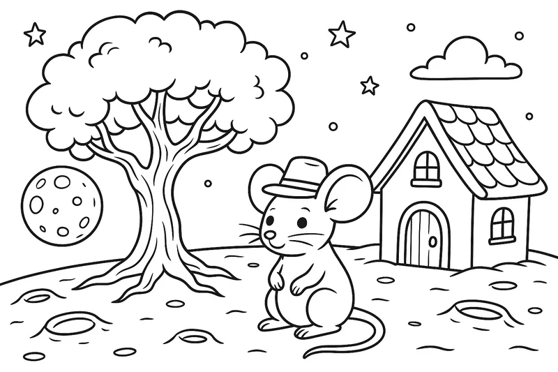 Arbre sur la lune à côté une souris avec un chapeau et une maison