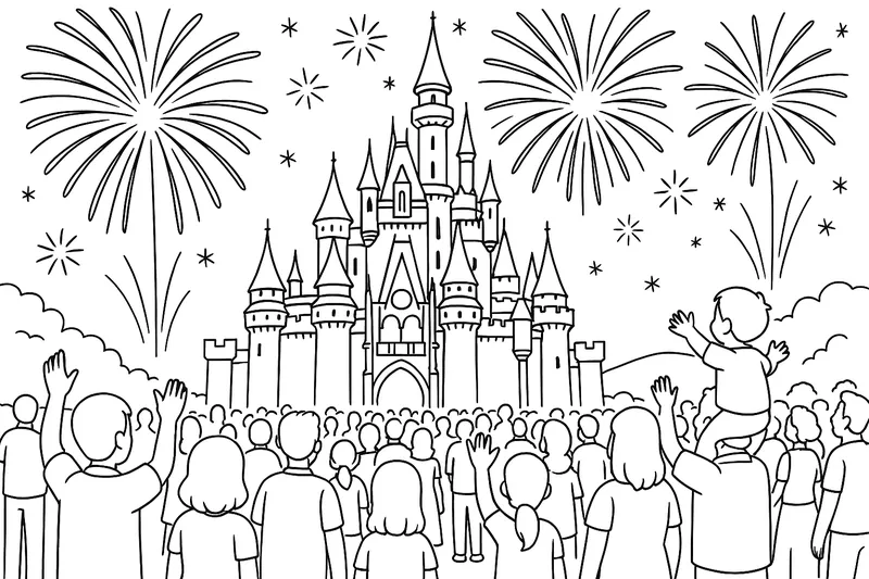 Castle with fireworks and lots of people