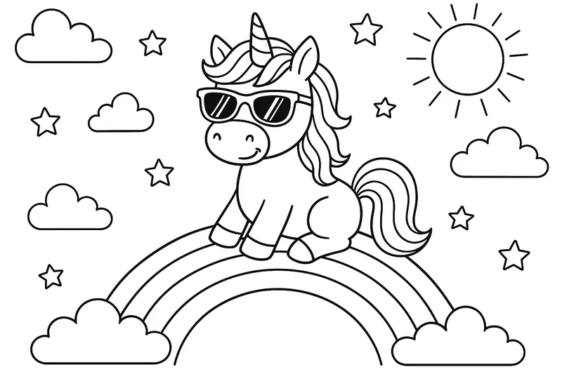 Einhorn mit einer Sonnenbrille auf einem Regenbogen