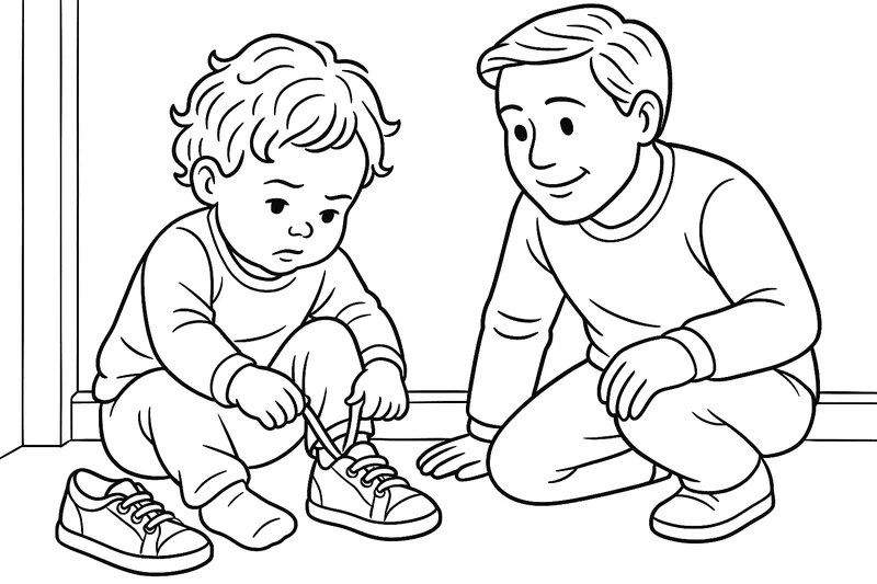 Niño (aprox. 3 años) intenta ponerse los zapatos solo, mientras el padre observa pacientemente