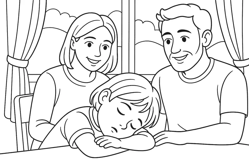 Niño cansado (aproximadamente 5 años) duerme con la cabeza en la mesa, los padres miran con amor