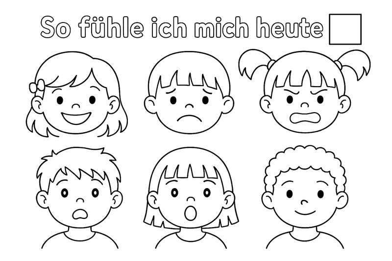 Ausmalbild mit 6 Kindergesichtern, jeweils mit einer Emotion: fröhlich, traurig, wütend, ängstlich, überrascht, ruhig – altersgerecht 4–8 Jahre, mit Ausmalfeld zum Ankreuzen: "So fühle ich mich heute"