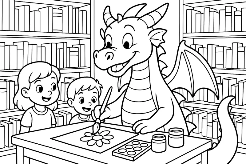 Freundlicher Drache malt mit Pinsel und Farben in einer Bibliothek, Kinder schauen zu, Bücherregale im Hintergrund, fantasievolle Szene