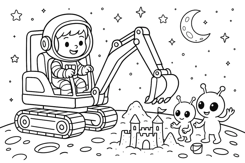 Kind fährt Bagger auf dem Mond, trägt Astronautenanzug, freundliche kleine Aliens helfen beim Sandburgenbauen