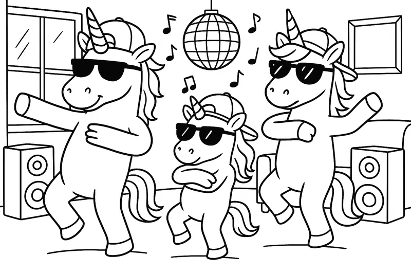 Einhornfamilie tanzt Hip-Hop im Wohnzimmer, mit Basecaps, Sonnenbrillen, Disco-Kugel, Musikboxen