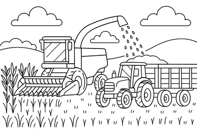 A combine harvester chops the field and a tractor hauls away the harvest
