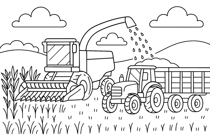 Ein Mähdrescher häckselt das Feld u ein Traktor fährt die Ernte ab