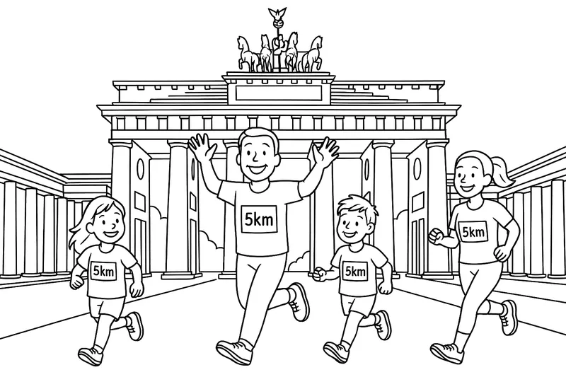 ein lauf mit kinder und erwachsene die gerade durchs ziel (brandenburger tor) laufen und auf der startnummer steht 5km drauf