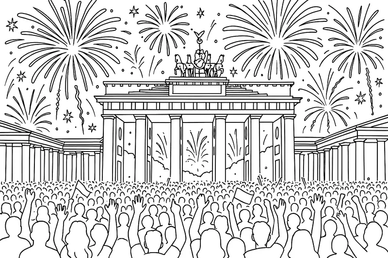 Eine Party am Brandenburger Tor mit Tausenden von Menschen und viel Feuerwerg 