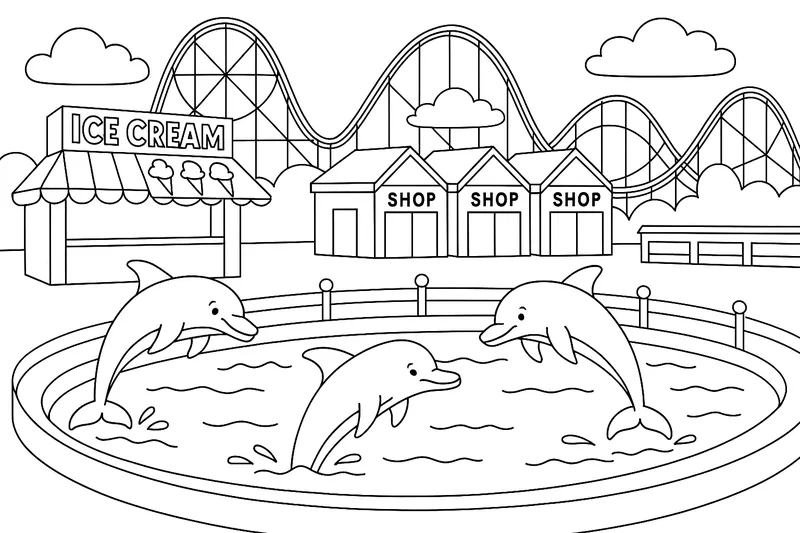 ein Freizeit park mit Delfin becken und Achterbahnen,Eis dielen und viele Läden 