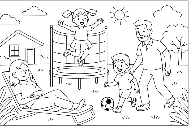 Eine Familie (Papa Mama Mädchen Junge)die gerade drausen im garten spielt und das Mädchen turnt im Trampolin und der Junge und der Papa spielen Fußball und die Mama chillt auf der liege  