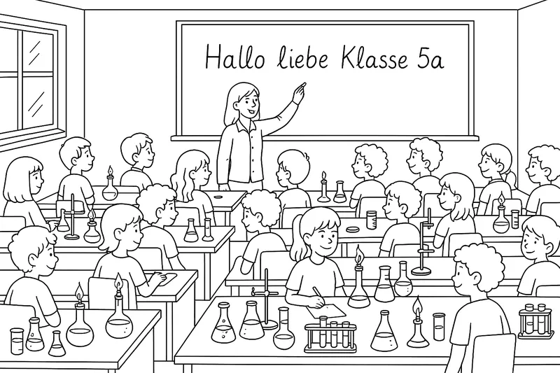 ein klassenraum wo 18 kinder drinne sitzen wo ganz viele chemikalien auf dem tischen mit bunsenbrennern und eine lehrerin die gerade was an der tafel anschreibt und zwar Hallo liebe Klasse 5a