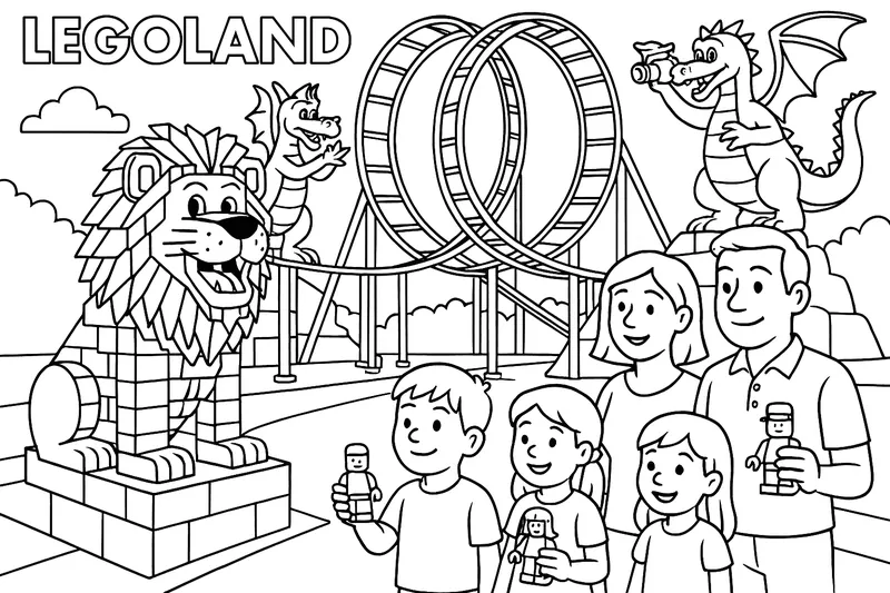das legoland von drinnen wo gerade eine Familie(Papa Mama Junge Mädchen)rum schländert und sie haben lego Figuren in der Hand und sie stehen gerade vor einer Achterbahn mit einen Löwen und der Löwe besteht aus lego und die bahn hat 2 Lupings und neben der bahn stehen 2Drachen und der eine macht ein Foto