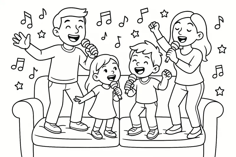 una familia que está teniendo una fiesta de canto y ella está parada en el sofá