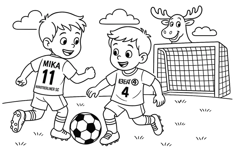 2 jungs mit fußballtrikos spielen Fußball auf den einen triko steht mika 11 auf den anderen triko steht ben 4 der ferein heißt nortberliner sc und das maskotchen ein Elch 