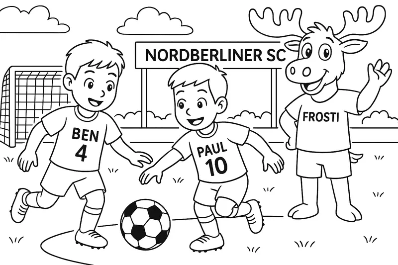 2 Jungs spielen Fußball auf dem Platz der Nordberliner SC. Der eine Junge heißt Ben und trägt die Nummer 4 auf dem Trikot. Der andere Junge heißt Paul und trägt die Nummer 10 auf dem Trikot. Das Maskottchen vom Nordberliner SC ist ein Elch und heißt Frosti.