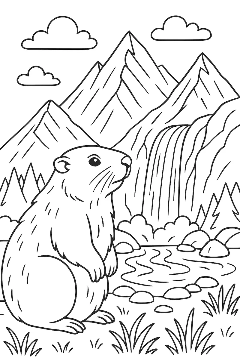 A marmot with a mountain landscape and a waterfall rushing through the mountains