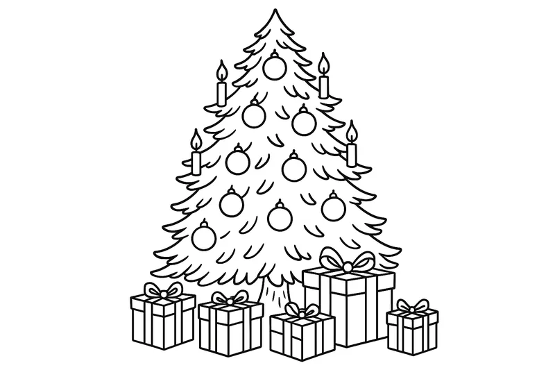 Ein Weihnachtsbaum mit kugeln und Kerzen.unter den Weihnachtsbaum liegen kleine,mittel ,große Geschenke
