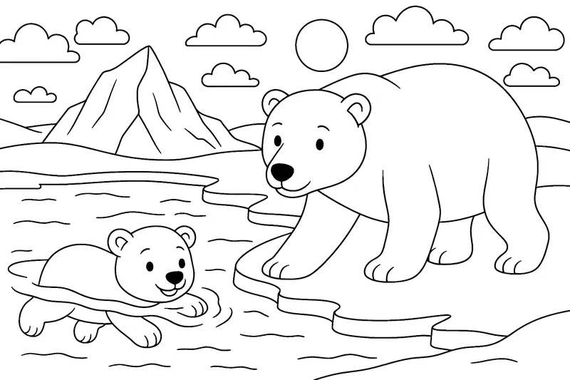 Ein Nordpol mit einen großen Eisbär und da neben ein kleinen Baby Eisbär und der Baby Eisbär schwimmt gerade in Wasser neben seiner Mutter die hinterher kommt