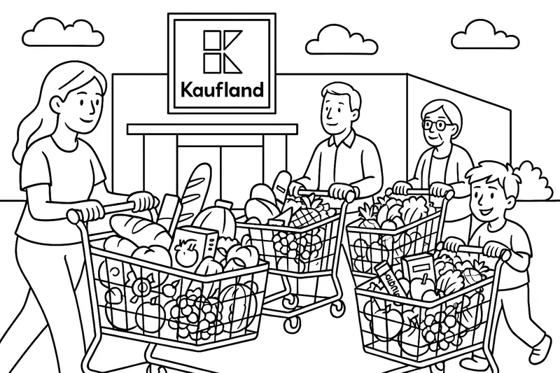 Kaufland, před kterým několik lidí tlačí nákupní vozíky. Nákupní vozíky jsou nacpané plné: sladkosti, chléb, müsli tyčinky, zelenina, ovoce