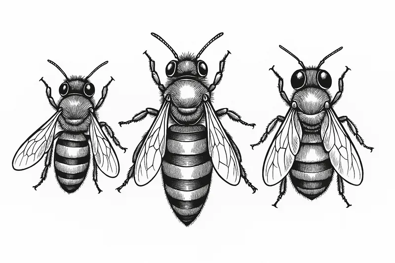 eine Bienen Arbeiterin, Königin in der Mitte und Drohne rechts, sehr realistisch 