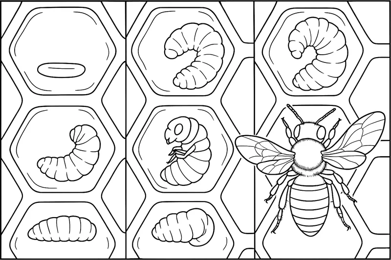 en una imagen en varias cajas los pasos de desarrollo de una abeja: desde el huevo hasta la abeja nacida de manera algo realista