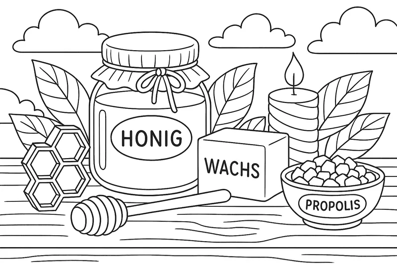 Produkte die Bienen produzieren auf einem Tisch mit wenig hintergrund damit alles gut zu sehen ist: honig, wachs, Kerze, Propolis 