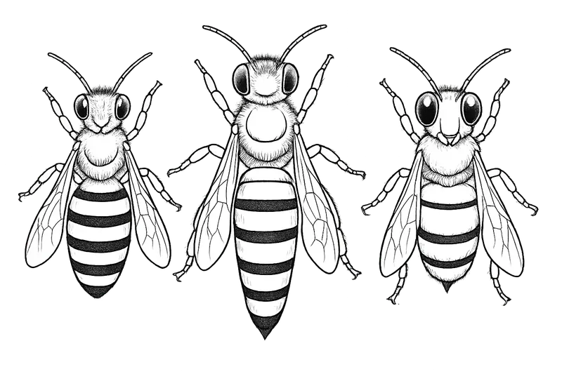 eine Bienen Arbeiterin links, Königin in der Mitte und Drohne rechts, realistische details damit die Unterschiede sichtlich sind, ohne hintergrund
Drohne muss grosse augen haben