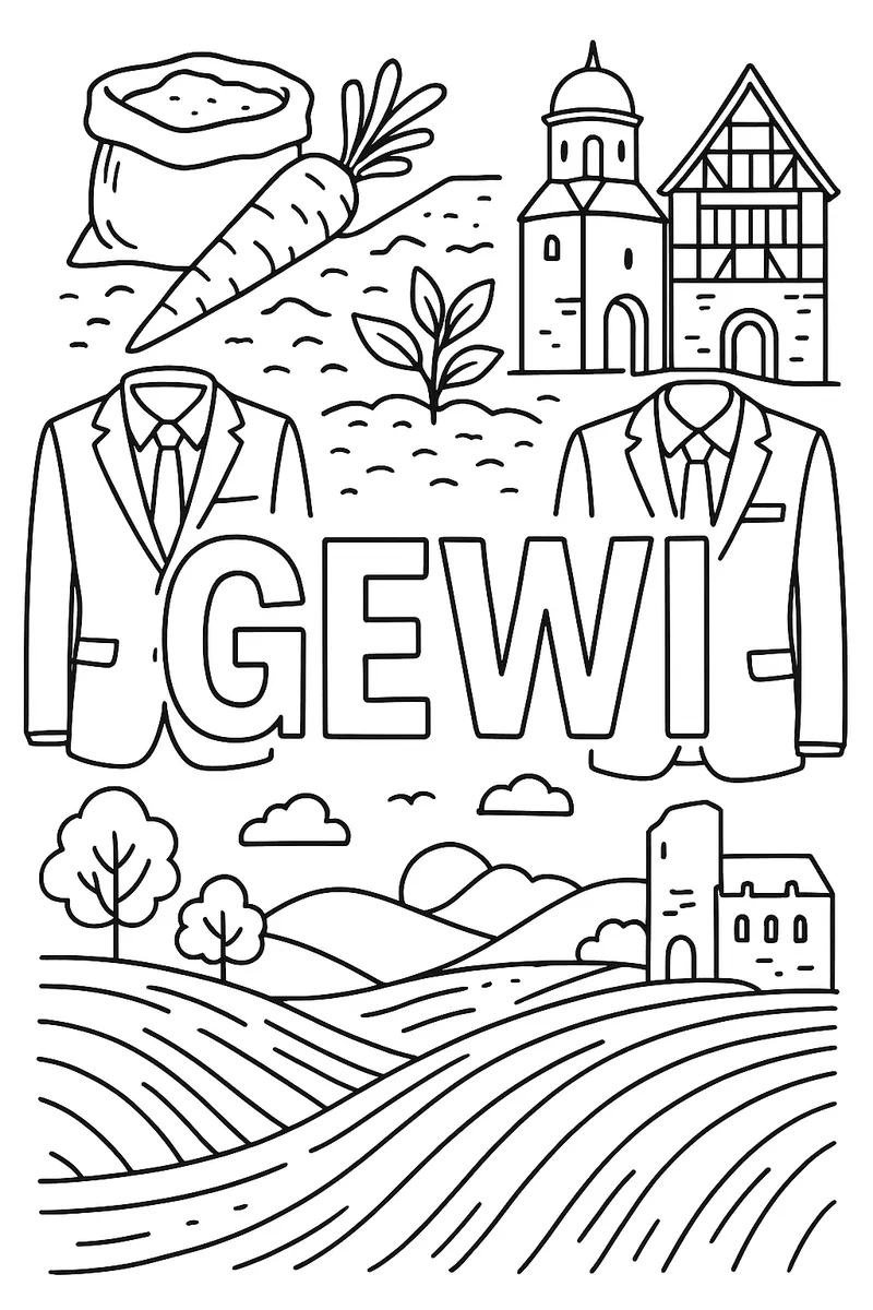 Ein Blatt wo in der Mitte Gewi draufsteht. Drum herum sollen erden,Anzüge für Männer,Landschaft,alte Gebäude sein.Gewi soll mittel groß sein