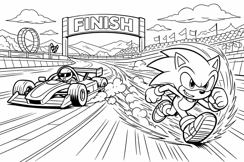 Ein Sonic auf einer Rennbahn wo ein Rennauto gegen ihn ein Wettrennen macht und Sonic läuft Überschall Geschwindigkeit 