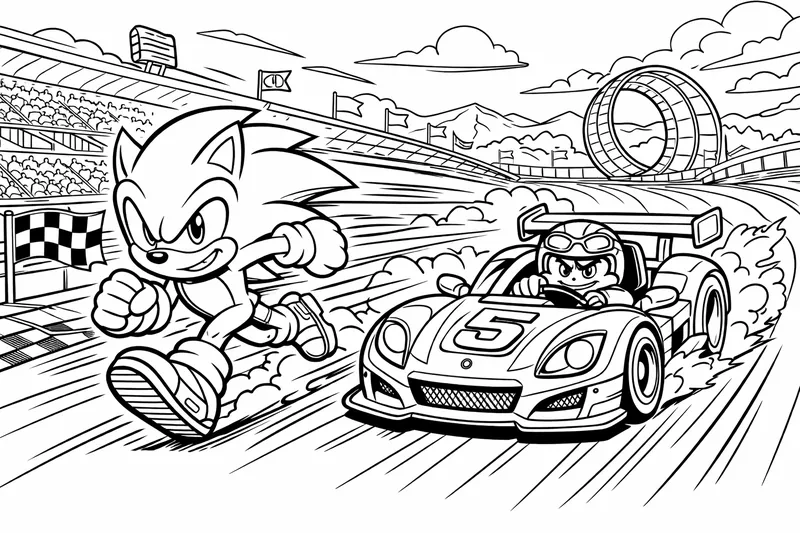 Sonic na závodní dráze, který soupeří s závodním autem s tobobust a Sonic běží nadzvukovou rychlostí.