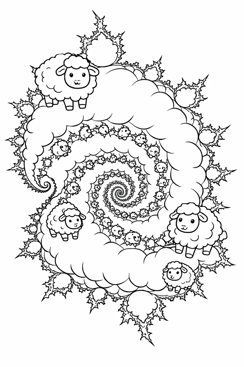 Schaf, das Teil des fraktalen Mandelbrot-Sets ist, das sich ins Unendliche spiralt