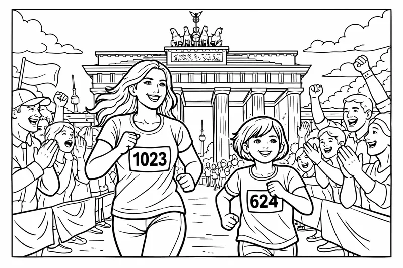 Eine Frau mit langen Haaren, die ein T-Shirt an hat mit einer Startnummer. Ein Mädchen mit kurzen Haaren. Sie hat auch ein T-Shirt an mit einer Startnummer drauf. Sie joggen durch das Brandenburger Tor, wo sehr viele Leute klatschen, jubeln und schreien.   
