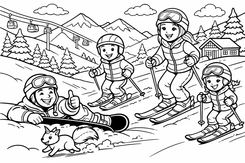 Eine Familie fährt auf den Berg Ski. Die Familie besteht auf Mama, Papa, Junge und Mädchen. Der Papa fährt Snowboard und liegt auf der Piste. Die Kinder und die Mutter fahren Ski. Die Mutter und die Tochter haben auch Skistöcke in der Hand. Der Junge hat keine Skistöcke und fährt Ski. Über die Skipiste rennt ein Einhörnchen. Wir haben alle gaaaanz viel Spaß. 